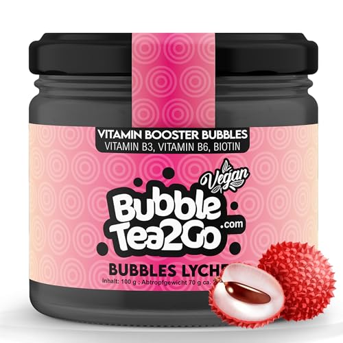 BubbleTea2Go - Lychee Bubble Tea Perlen 100g, 100% Vegan, Halal, Bubbles aus Natürlicher Algae, Popping Boba Fruchtperlen, Boba Perlen für Bubble Tea Drink, Aromaperlen- Vitaminen B6, B12, Biotin von BubbleTea2Go