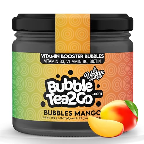 BubbleTea2Go - Mango Bubble Tea Perlen 100g, 100% Vegan, Halal, Bubbles aus Natürlicher Algae, Popping Boba Fruchtperlen, Boba Perlen für Bubble Tea Drink, Aromaperlen- Vitaminen B6, B12, Biotin von BubbleTea2Go