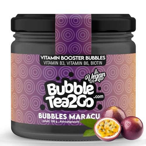 BubbleTea2Go - Maracuja Bubble Tea Perlen 100g, 100% Vegan, Halal, Bubbles aus Natürlicher Algae, Popping Boba Fruchtperlen, Boba Perlen für Bubble Tea Drink, Aromaperlen- Vitaminen B6, B12, Biotin von BubbleTea2Go