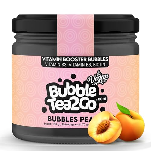 BubbleTea2Go - Peach Bubble Tea Perlen 100g, 100% Vegan, Halal, Bubbles aus Natürlicher Algae, Popping Boba Fruchtperlen, Boba Perlen für Bubble Tea Drink, Aromaperlen- Vitaminen B6, B12, Biotin von BubbleTea2Go