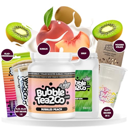 BubbleTea2Go - Peach Kiwi Special Bundle - 100% Vegan, Halal - DIY Bubble Tea Set, Premium Bubble Tea Sirup und Bubbles - Einfache Zubereitung Boba Tea Kit zu Hause oder unterwegs von BubbleTea2Go