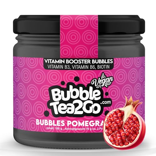 BubbleTea2Go - Pomegranate Bubble Tea Perlen 100g, 100% Vegan, Halal, Bubbles aus Natürlicher Algae, Popping Boba Fruchtperlen, Boba Perlen für Bubble Tea Drink, Aromaperlen- Vitaminen B6, B12, Biotin von BubbleTea2Go