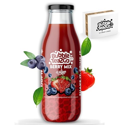 BubbleTea2Go - Ready to Drink, Berry Mix,12x 0.3L Flaschen, 100% Vegan, Halal, Natürliches Bubble Tea Getränk mit Boba Bubbles Getränk mit Vitaminen B6, B12, Biotin, Niacin & Popping Boba Fruchtperlen von BubbleTea2Go