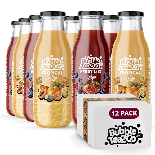 BubbleTea2Go - Ready to Drink, Berry & Tropical, 12x 0.3L Flaschen, 100% Vegan, Halal, Natürliches Bubble Tea Getränk mit Boba Bubbles Getränk mit Vitaminen B6, B12, Biotin, Niacin & Popping Boba von BubbleTea2Go