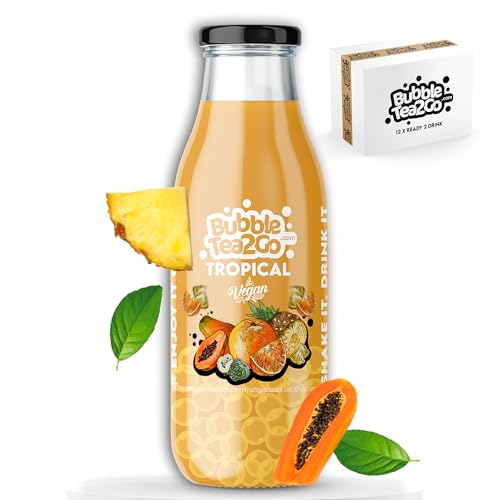 BubbleTea2Go - Ready to Drink, Tropical, 12x 0.3L Flaschen, 100% Vegan, Halal, Natürliches Bubble Tea Getränk mit Boba Bubbles Getränk mit Vitaminen B6, B12, Biotin, Niacin & Popping Boba Fruchtperlen von BubbleTea2Go