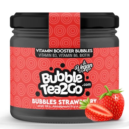 BubbleTea2Go - Strawberry Bubble Tea Perlen 100g, 100% Vegan, Halal, Bubbles aus Natürlicher Algae, Popping Boba Fruchtperlen, Boba Perlen für Bubble Tea Drink, Aromaperlen- Vitaminen B6, B12, Biotin von BubbleTea2Go