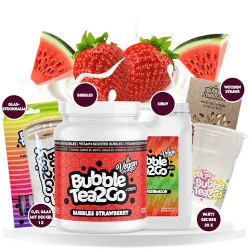 BubbleTea2Go - Strawberry Watermelon Special Bundle - 100% Vegan, Halal - DIY Bubble Tea Set, Premium Bubble Tea Sirup und Bubbles - Einfache Zubereitung Boba Tea Kit zu Hause oder unterwegs von BubbleTea2Go