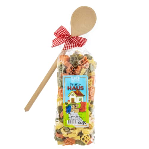 Bull & Bear bunte Haus Nudeln, 250g, Motivnudeln aus Hartweizengrieß, handgefertigt in deutscher Manufaktur, Pasta Geschenk, inkl. Holzlöffel von Bull & Bear