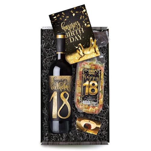 Bull & Bear Geschenkbox "Happy Birthday 18", Set mit Rotwein, Nudeln und Geburtstagskarte, Geschenk zum 18. Geburtstag von Bull & Bear