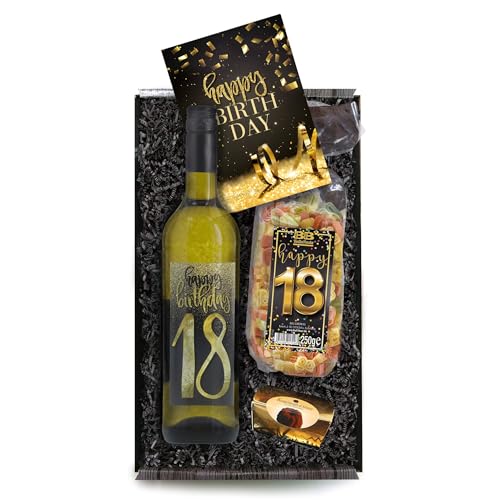 Bull & Bear Geschenkbox "Happy Birthday 18", Set mit Weisswein, Nudeln und Geburtstagskarte, Geschenk zum 18. Geburtstag von Bull & Bear