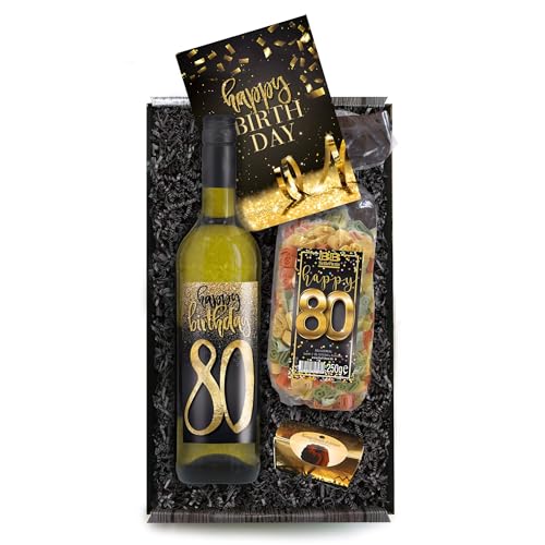 Bull & Bear Geschenkbox "Happy Birthday 80", Set mit Weisswein, Nudeln und Geburtstagskarte, Geschenk zum 80. Geburtstag von Bull & Bear