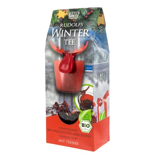 Bull & Bear Rudolfs Wintertee, Bio Früchtetee Mischung im Tee Set mit Teesieb, Tee mit Zimt Mandel Apfel Hibiskus, leckerer Weihnachtstee von Bull & Bear