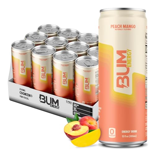 e Energy Drink, Peach Mango - Lightly Carbonated & No Artificial Colors, Natural Caffeine & Citicoline for Energy & Focus, Brain Boost & Workout Sports Beverage - von Bum Energy