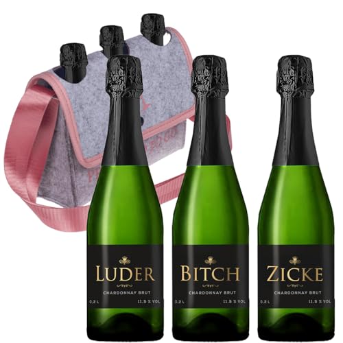 Bumsinger Chardonnay Brut im 3er Set als Zicke, Luder und Bitch mit praktischer Handtasche "Prosecco to go" aus Filz. von Bumsinger