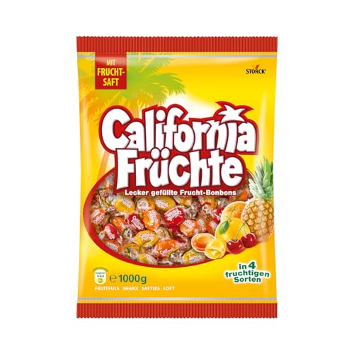 California Früchte – 1 x 1000g Vorratspackung – Gefüllte Bonbons mit Fruchtsaft – In vier verschiedenen Sorten (Packung mit 6) von Bunte Welt