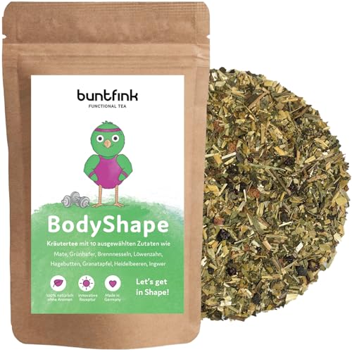 Buntfink „BodyShape“ Entschlackungstee mit grünen Mateblättern, grünem Hafer, Brennnesselblätter, Hagebutte, Löwenzahn, Granatapfel, Ananasstückchen I Entgiftungstee, loser Kräutertee 60g zum Abnehmen von Buntfink