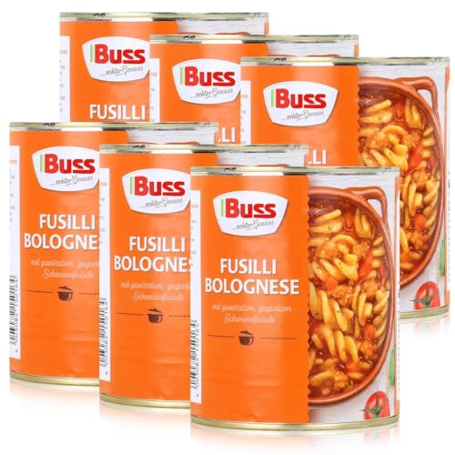 Buss Pasta Gerichte – Fusilli mit köstlicher Bolognese Sauce - Fertiggerichte für die Mikrowelle – Schnelles Gericht mit Nudeln aus der Konserve - 6 x 800 g von Buss