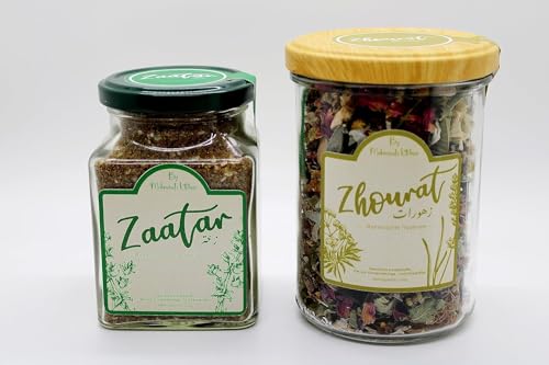 Libanesisches Feinkost Geschenkset | ZAATAR Gewürzmischung (120g) + ZHOURAT Kräuter-Rosentee (40g) | Natürlich ohne Zusatzstoffe | Hergestellt in Beirut, von Hand abgefüllt in Deutschland von By Mahmoud's Kitchen