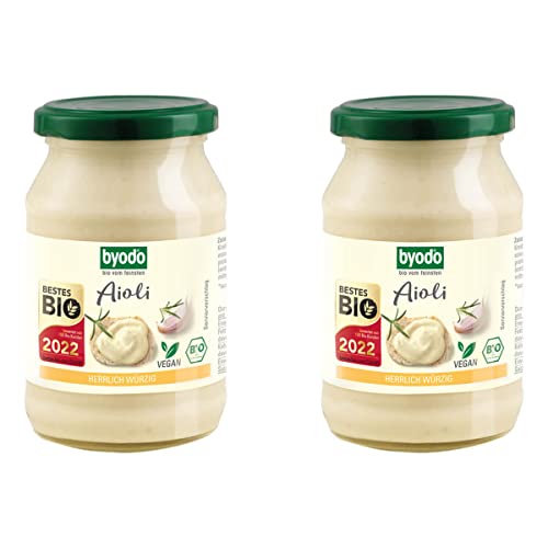 Byodo Bio Aioli Vegan 2er Pack (2 x 250 ml) - Cremiger Knoblauch Dip mit 42% Fett, Vegane Mayonnaise Alternative mit Sonnenblumenprotein, Aromatisch & Bio von Byodo