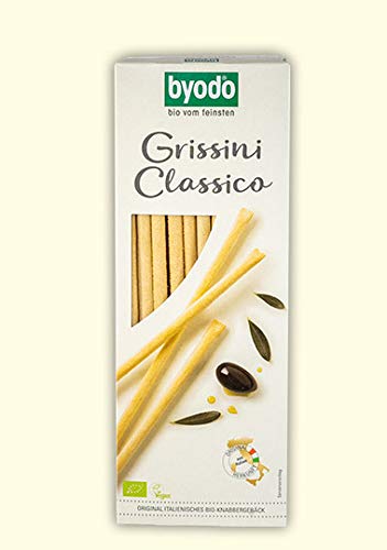 Bio Grissini Classico 125g - Byodo Knabberstangen, DE-ÖKO-013, mit extra nativem italienischen Olivenöl, aus kontrolliert biologischem Anbau, 1er Pack, nach alter Familientradition frisch gebacken von Byodo