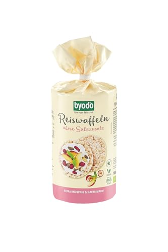 Byodo Bio Reiswaffeln ohne Salz - 2er Pack (2 x 100g) 100% Gepuffter Bio-Vollkornreis, Natriumarm, Zuckerfrei, Ideal für Diät & Natriumarme Ernährung, Optimal Verpackt für Frische und Knusprigkeit von Byodo