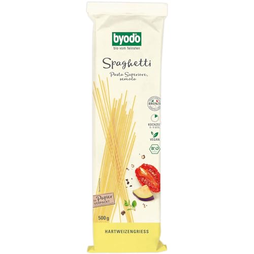 Bio Spaghetti Semola 500g von Byodo - 100% Bio-Hartweizengrieß, Perfekter Al Dente Biss, Schlanke Fadennudel, Herstellung mit Bronze-Matrizen, Kochzeit 9-10 Minuten von Byodo