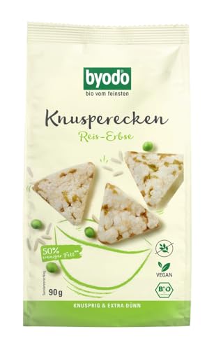 Byodo Knusperecken mit Reis & Erbse 90g - Bio Vegan Snack, Glutenfrei, Ohne Zuckerzusatz, Italienischer Puffreis, Süßlich-Würziger Geschmack von Byodo