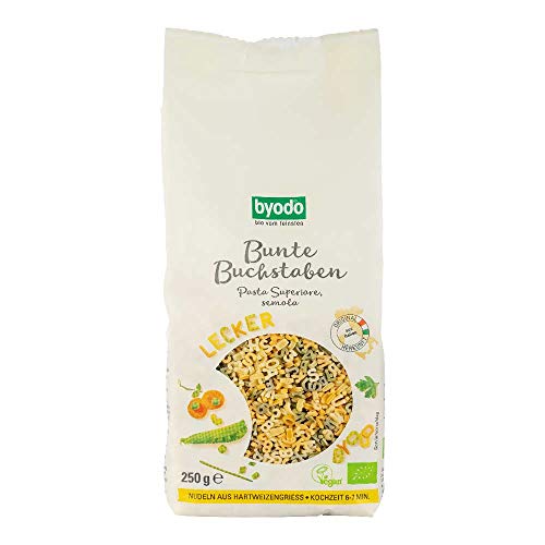 Byodo Pasta - Bunte Buchstaben Bio 250g Packung - Kinder Nudeln, Alphabet Form, Vegan, Ideal für bunte Suppen & Gerichte von Byodo