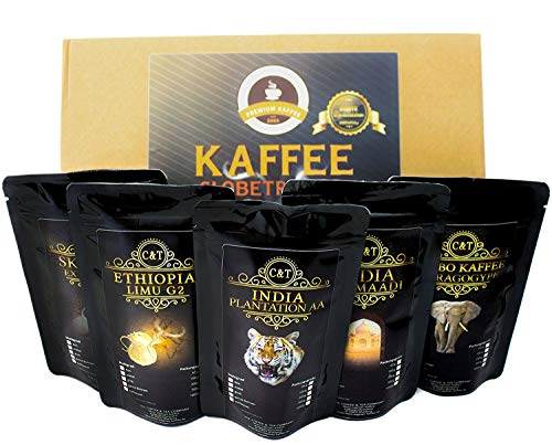 Kaffee Globetrotter - Echte Raritäten - Box (Ganze Bohne) - 5 Mal 65g Raritäten Spitzenkaffee - Werden Sie Zum Entdecker - Geschenk Set - Länder Kaffee aus aller Welt - Kaffeebohnen im Geschenkkarton von C&T