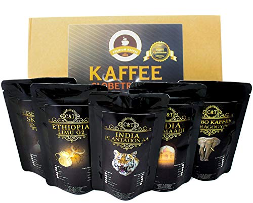 Kaffee Globetrotter - Echte Raritäten - Box (Mittel Gemahlen [Filter+Hand]) - 5 Mal 65g Raritäten Spitzenkaffee - Werden Sie Zum Entdecker - Geschenk Set - Länder Kaffee aus aller Welt von C&T