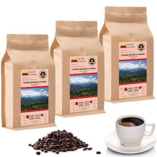 Kaffee Crema - Kaffee Mit Herz - Colombia Hacienda La Claudina - 3 x 1000 g Ganze Bohnen - Spitzenkaffee Aus Kolumbien Fair Gehandelt Unterstützt Soziale Projekte von C&T