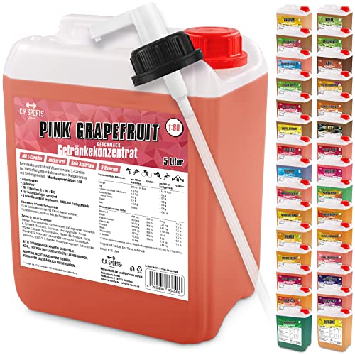 C.P. Sports 5 Liter Getränke Sirup Getränkekonzentrat für ca. 400 Liter Fertiggetränk Vitamine Quellwasser Sportgetränk Konzentrat versch. Sorten inkl. DOSIERSPENDER mit L-Carnitin (pink-Grapefruit) von C.P.Sports