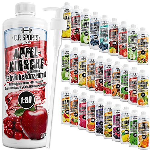 C.P. Sports Getränkesirup für Mineraldrink I Sirup zuckerfrei für Vital-Drink APFEL-KIRSCHE mit Vitaminen I Getränkekonzentrat zum Mischen mit Wasser für Sport-Getränk I 1 Liter + Pumpspender von C.P.Sports