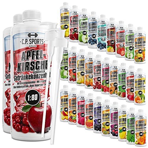 C.P. Sports Getränkesirup für Mineraldrink I Sirup zuckerfrei für Vital-Drink APFEL-KIRSCHE mit Vitaminen I Getränkekonzentrat zum Mischen mit Wasser für Sport-Getränk I 2 Liter + 2 Pumpspender von C.P.Sports