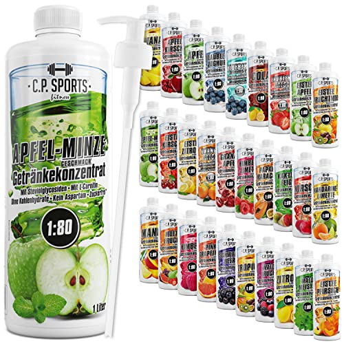 C.P. Sports Getränkesirup für Mineraldrink I Sirup zuckerfrei für Vital-Drink APFEL-MINZE mit Vitaminen I Getränkekonzentrat zum Mischen mit Wasser für Sport-Getränk I 1 Liter + Pumpspender von C.P.Sports