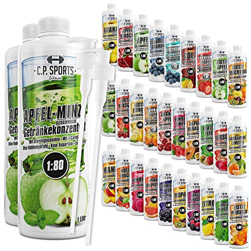 C.P. Sports Getränkesirup für Mineraldrink I Sirup zuckerfrei für Vital-Drink APFEL-MINZE mit Vitaminen I Getränkekonzentrat zum Mischen mit Wasser für Sport-Getränk I 2 Liter + 2 Pumpspender von C.P.Sports