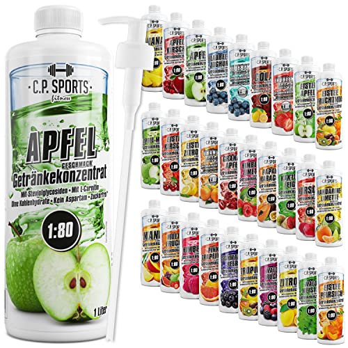 C.P. Sports Getränkesirup für Mineraldrink I Sirup zuckerfrei für Vital-Drink APFEL mit Vitaminen I Getränkekonzentrat zum Mischen mit Wasser für Sport-Getränk I 1 Liter + Pumpspender von C.P.Sports