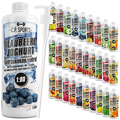 C.P. Sports Getränkesirup für Mineraldrink I Sirup zuckerfrei für Vital-Drink BLAUBEERE-JOGHURT mit Vitaminen I Getränkekonzentrat zum Mischen mit Wasser für Sport-Getränk I 1 Liter + Pumpspender von C.P.Sports