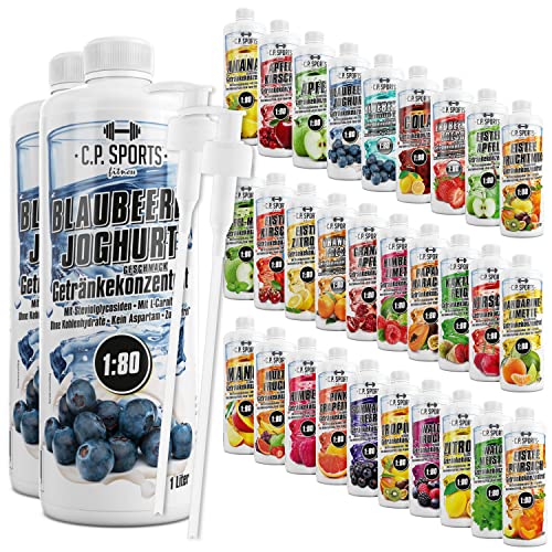 C.P. Sports Getränkesirup für Mineraldrink I Sirup zuckerfrei für Vital-Drink BLAUBEERE-JOGHURT mit Vitaminen I Getränkekonzentrat zum Mischen mit Wasser für Sport-Getränk I 2 Liter + 2 Pumpspender von C.P.Sports