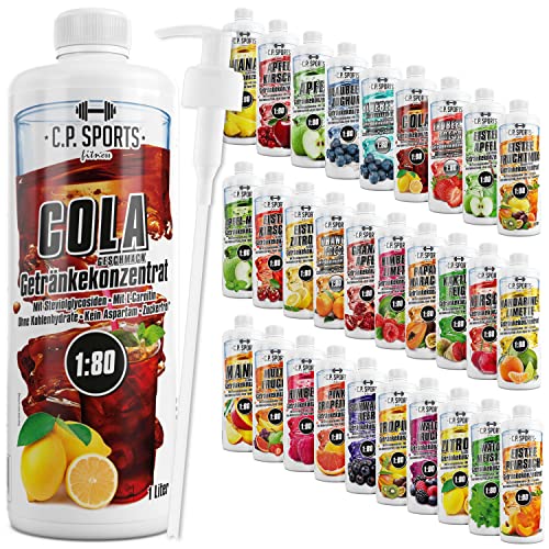 C.P. Sports Getränkesirup für Mineraldrink I Sirup zuckerfrei für Vital-Drink COLA mit Vitaminen I Getränkekonzentrat zum Mischen mit Wasser für Sport-Getränk I 1 Liter + Pumpspender von C.P.Sports