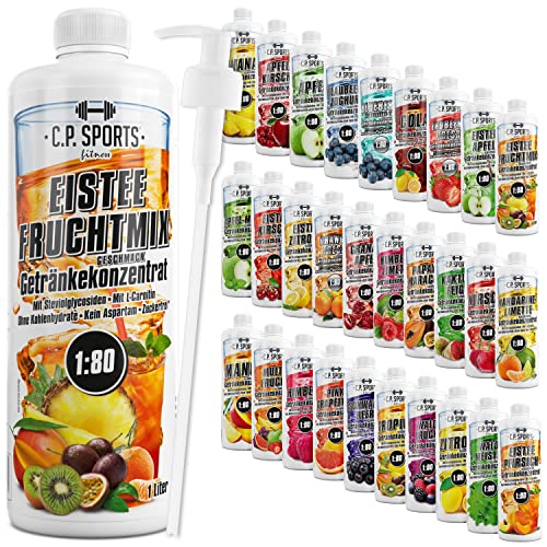 C.P. Sports Getränkesirup für Mineraldrink I Sirup zuckerfrei für Vital-Drink EISTEE-FRUCHTMIX mit Vitaminen I Getränkekonzentrat zum Mischen mit Wasser für Sport-Getränk I 1 Liter + Pumpspender von C.P.Sports