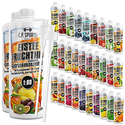 C.P. Sports Getränkesirup für Mineraldrink I Sirup zuckerfrei für Vital-Drink EISTEE-FRUCHTMIX mit Vitaminen I Getränkekonzentrat zum Mischen mit Wasser für Sport-Getränk I 2 Liter + 2 Pumpspender von C.P.Sports