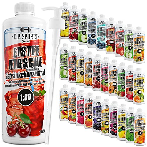 C.P. Sports Getränkesirup für Mineraldrink I Sirup zuckerfrei für Vital-Drink EISTEE-KIRSCHE mit Vitaminen I Getränkekonzentrat zum Mischen mit Wasser für Sport-Getränk I 1 Liter + Pumpspender von C.P.Sports