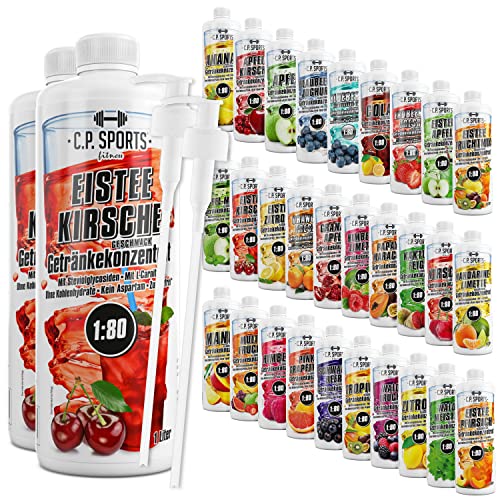 C.P. Sports Getränkesirup für Mineraldrink I Sirup zuckerfrei für Vital-Drink EISTEE-KIRSCHE mit Vitaminen I Getränkekonzentrat zum Mischen mit Wasser für Sport-Getränk I 2 Liter + 2 Pumpspender von C.P.Sports