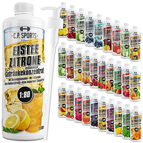 C.P. Sports Getränkesirup für Mineraldrink I Sirup zuckerfrei für Vital-Drink EISTEE-ZITRONE mit Vitaminen I Getränkekonzentrat zum Mischen mit Wasser für Sport-Getränk I 1 Liter + Pumpspender von C.P.Sports