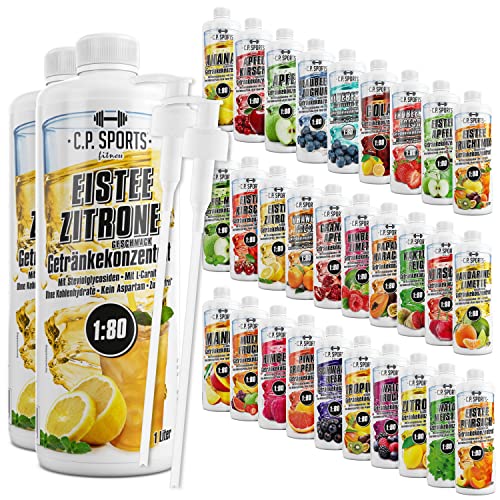 C.P. Sports Getränkesirup für Mineraldrink I Sirup zuckerfrei für Vital-Drink EISTEE-ZITRONE mit Vitaminen I Getränkekonzentrat zum Mischen mit Wasser für Sport-Getränk I 2 Liter + 2 Pumpspender von C.P.Sports