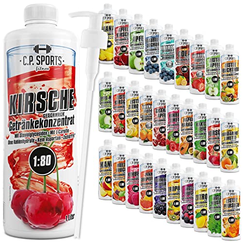 C.P. Sports Getränkesirup für Mineraldrink I Sirup zuckerfrei für Vital-Drink KIRSCHE mit Vitaminen I Getränkekonzentrat zum Mischen mit Wasser für Sport-Getränk I 1 Liter + Pumpspender von C.P.Sports