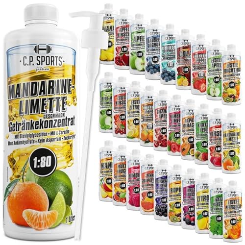 C.P. Sports Getränkesirup für Mineraldrink I Sirup zuckerfrei für Vital-Drink MANDARINE-LEMON mit Vitaminen I Getränkekonzentrat zum Mischen mit Wasser für Sport-Getränk I 1 Liter + Pumpspender von C.P.Sports