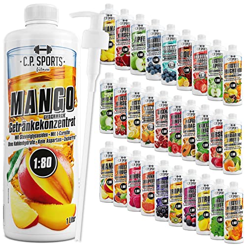 C.P. Sports Getränkesirup für Mineraldrink I Sirup zuckerfrei für Vital-Drink MANGO mit Vitaminen I Getränkekonzentrat zum Mischen mit Wasser für Sport-Getränk I 1 Liter + Pumpspender von C.P.Sports