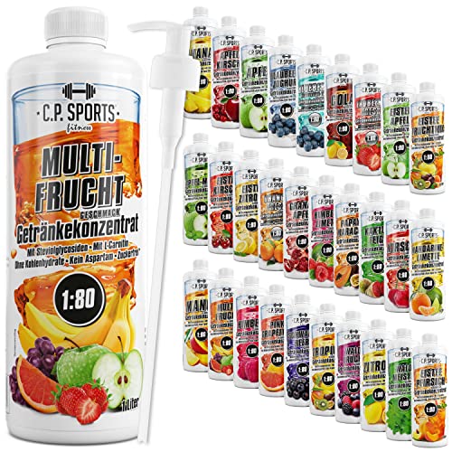 C.P. Sports Getränkesirup für Mineraldrink I Sirup zuckerfrei für Vital-Drink MULTIFRUCHT mit Vitaminen I Getränkekonzentrat zum Mischen mit Wasser für Sport-Getränk I 1 Liter + Pumpspender von C.P.Sports